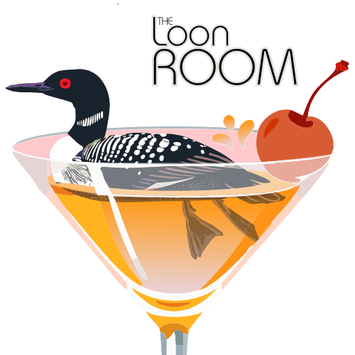 The Loon Room logo, loon in a cocktail glass